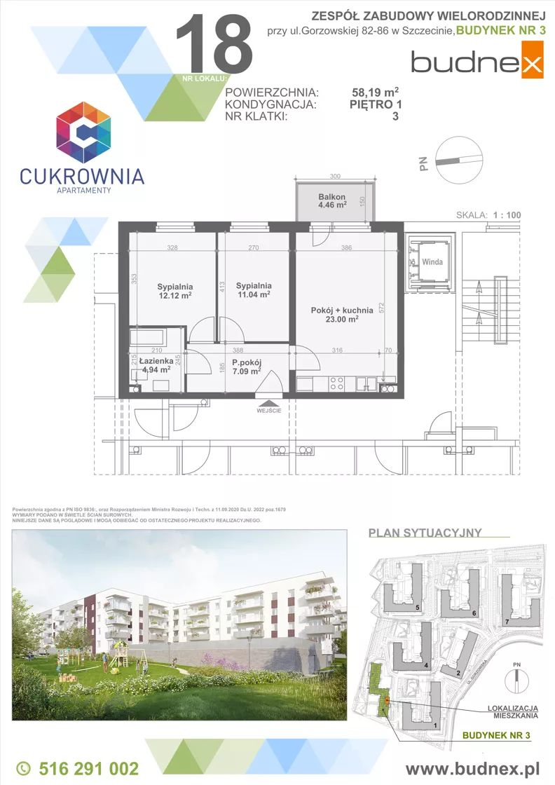 3 pokoje, mieszkanie 58,19 m², piętro 1, oferta nr 3/M18, Cukrownia Apartamenty - Etap IV, Szczecin, Zachód, Gumieńce, ul. Floriana Krygiera