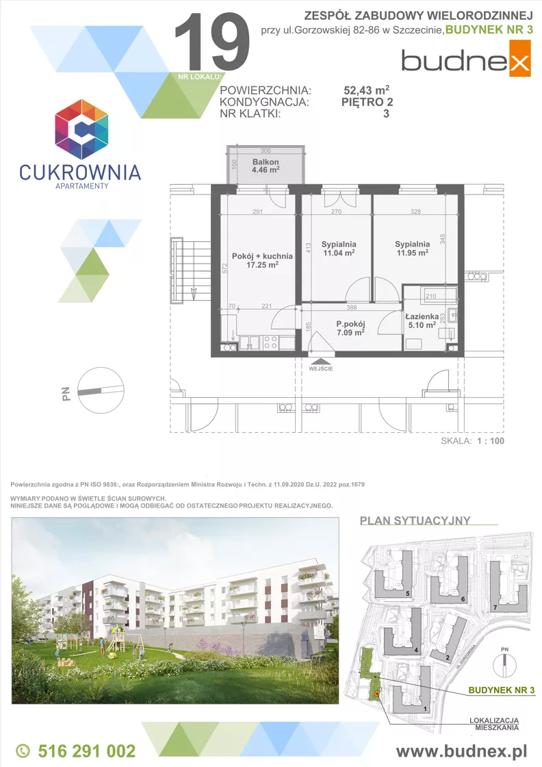 3 pokoje, mieszkanie 52,43 m², piętro 2, oferta nr 3/M19, Cukrownia Apartamenty - Etap IV, Szczecin, Zachód, Gumieńce, ul. Floriana Krygiera