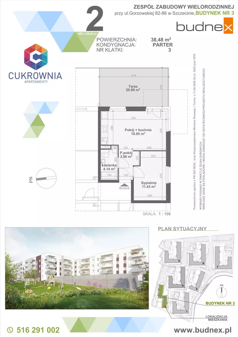 2 pokoje, mieszkanie 38,48 m², parter, oferta nr 3/M2, Cukrownia Apartamenty - Etap IV, Szczecin, Zachód, Gumieńce, ul. Floriana Krygiera