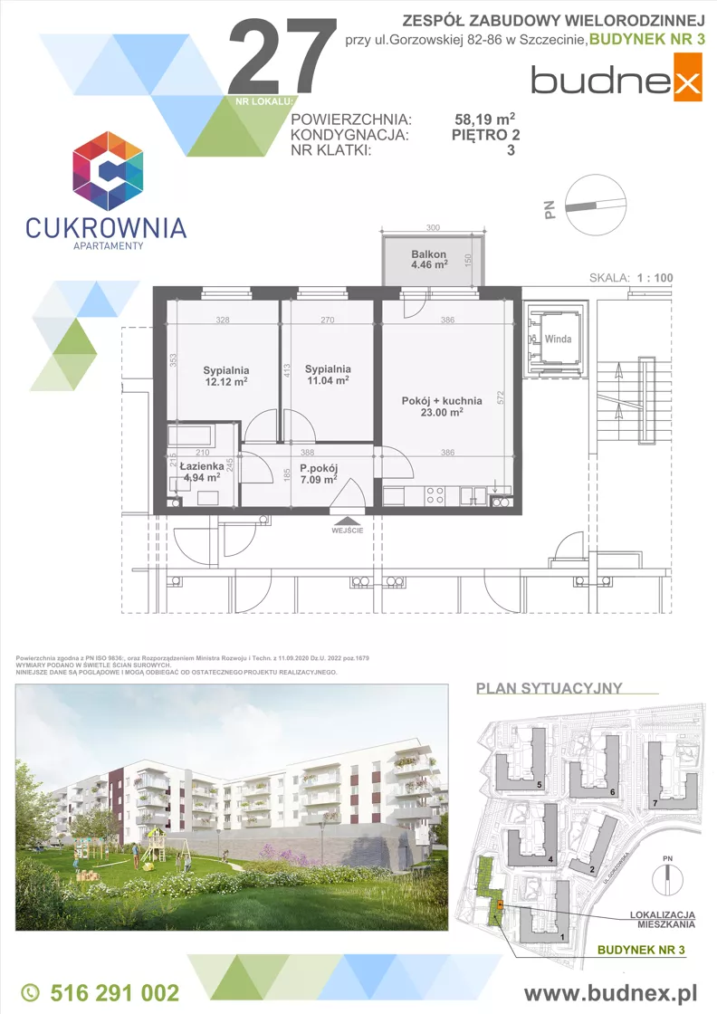 3 pokoje, mieszkanie 58,19 m², piętro 2, oferta nr 3/M27, Cukrownia Apartamenty - Etap IV, Szczecin, Zachód, Gumieńce, ul. Floriana Krygiera