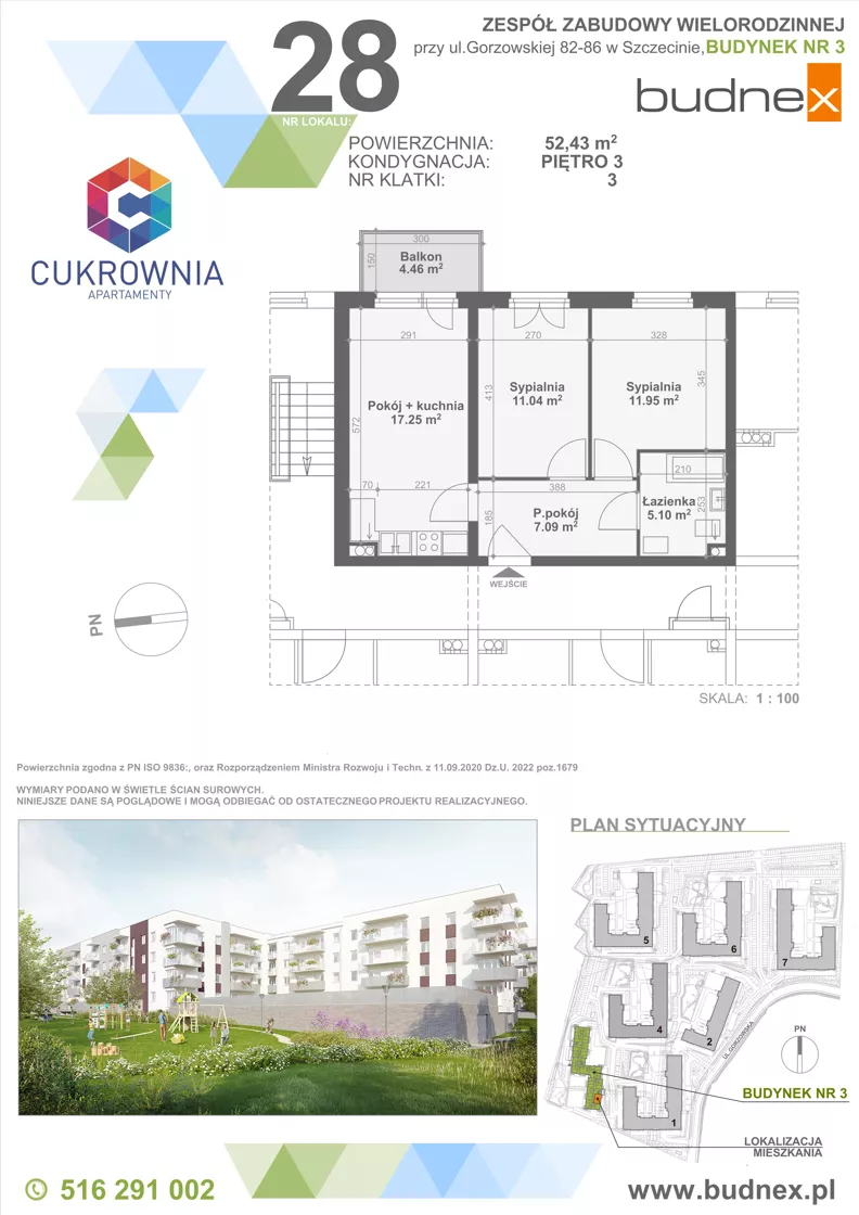 3 pokoje, mieszkanie 52,43 m², piętro 3, oferta nr 3/M28, Cukrownia Apartamenty - Etap IV, Szczecin, Zachód, Gumieńce, ul. Floriana Krygiera