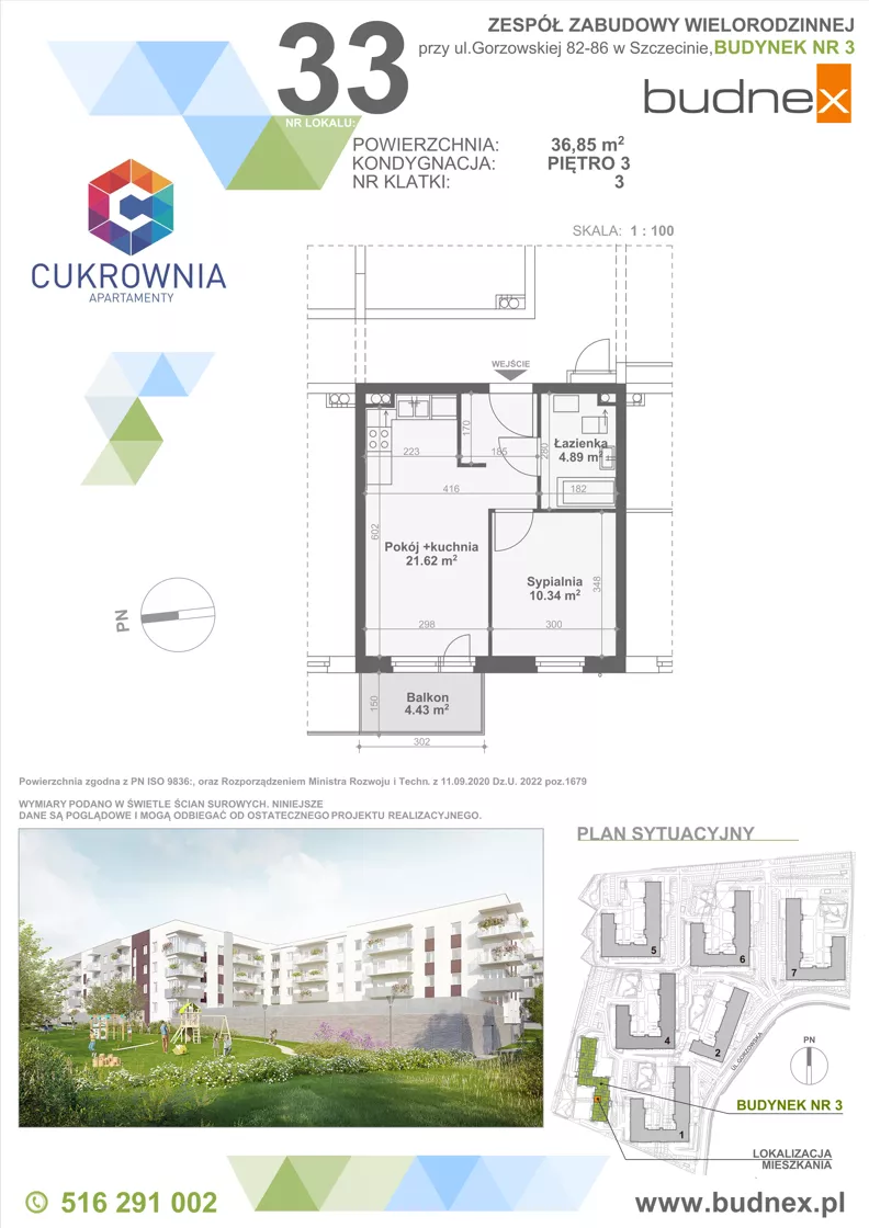 2 pokoje, mieszkanie 36,85 m², piętro 3, oferta nr 3/M33, Cukrownia Apartamenty - Etap IV, Szczecin, Zachód, Gumieńce, ul. Floriana Krygiera