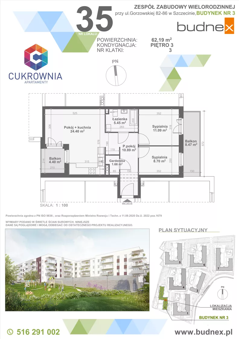 3 pokoje, mieszkanie 62,19 m², piętro 3, oferta nr 3/M35, Cukrownia Apartamenty - Etap IV, Szczecin, Zachód, Gumieńce, ul. Floriana Krygiera