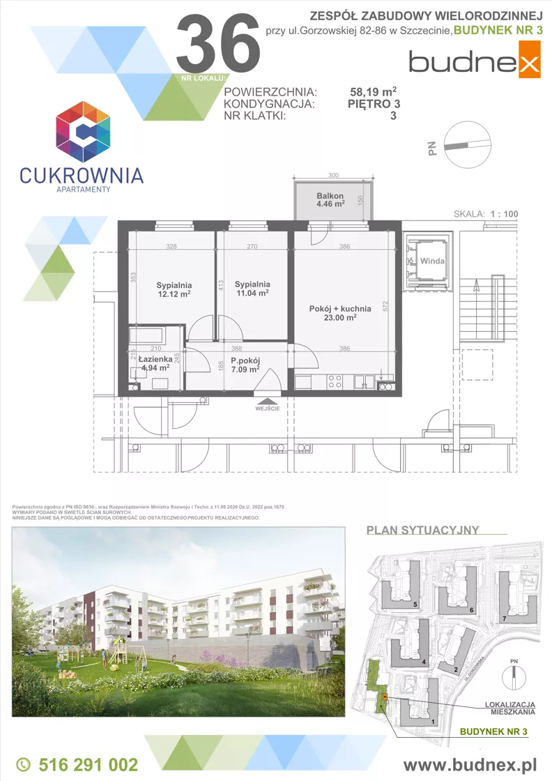 3 pokoje, mieszkanie 58,19 m², piętro 3, oferta nr 3/M36, Cukrownia Apartamenty - Etap IV, Szczecin, Zachód, Gumieńce, ul. Floriana Krygiera