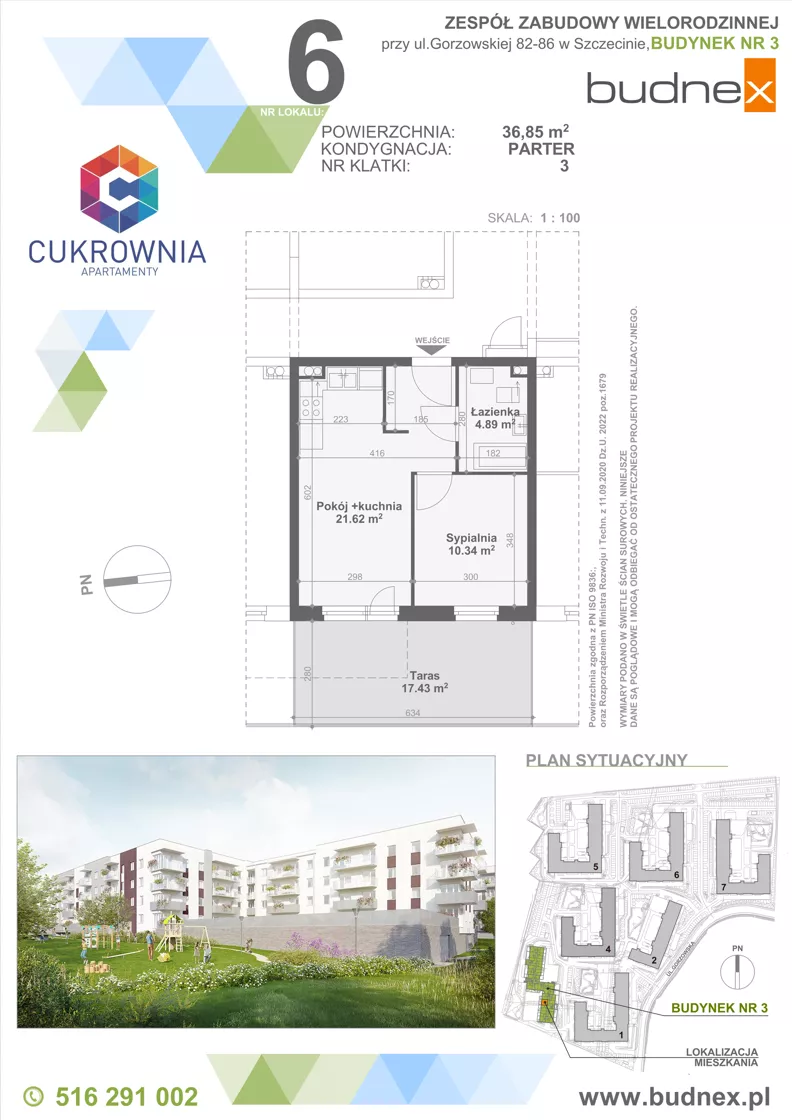 2 pokoje, mieszkanie 36,85 m², parter, oferta nr 3/M6, Cukrownia Apartamenty - Etap IV, Szczecin, Zachód, Gumieńce, ul. Floriana Krygiera