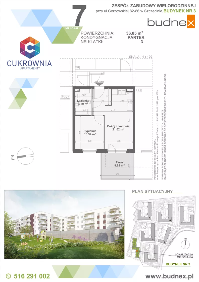 2 pokoje, mieszkanie 36,85 m², parter, oferta nr 3/M7, Cukrownia Apartamenty - Etap IV, Szczecin, Zachód, Gumieńce, ul. Floriana Krygiera