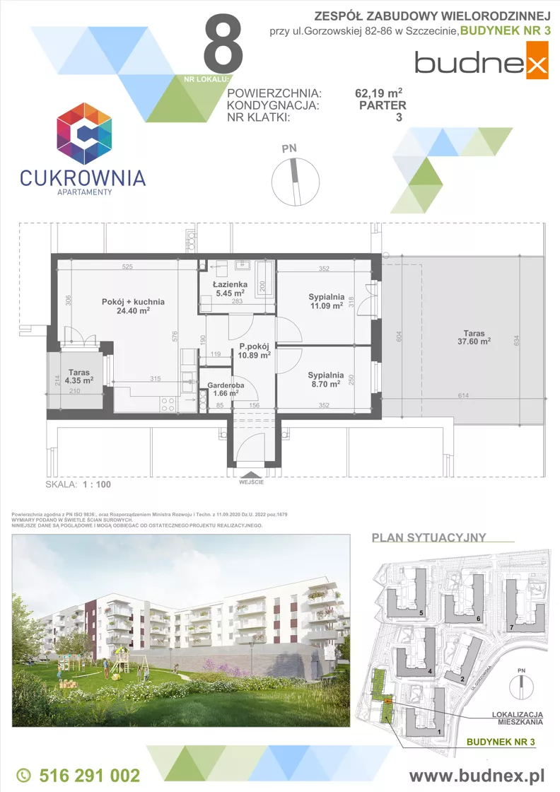 3 pokoje, mieszkanie 62,19 m², parter, oferta nr 3/M8, Cukrownia Apartamenty - Etap IV, Szczecin, Zachód, Gumieńce, ul. Floriana Krygiera