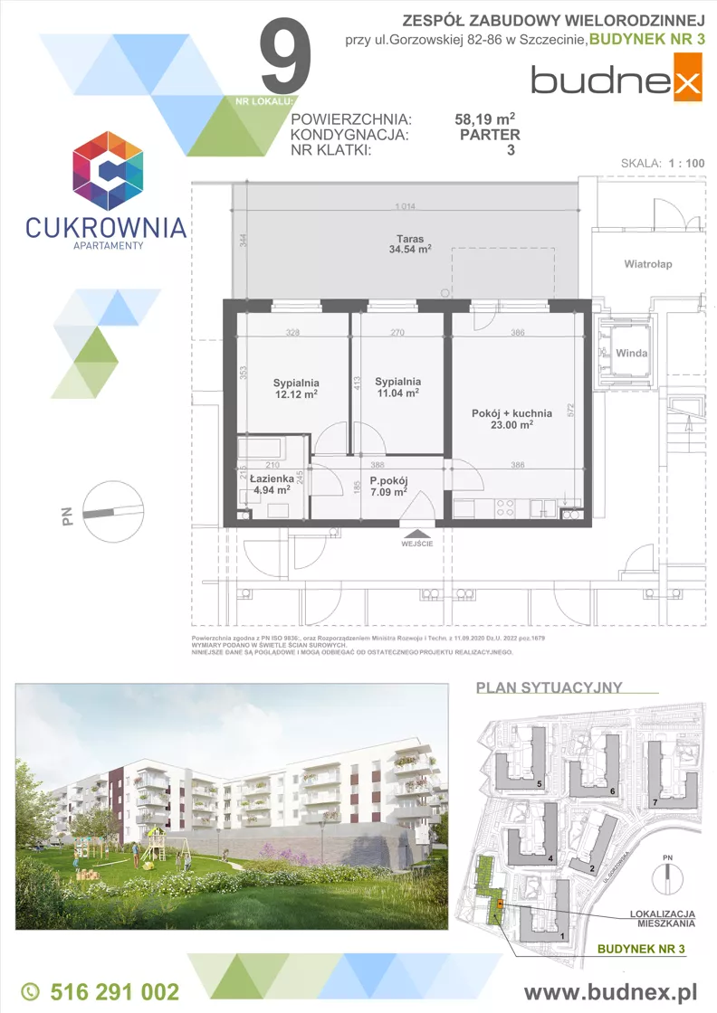 3 pokoje, mieszkanie 58,19 m², parter, oferta nr 3/M9, Cukrownia Apartamenty - Etap IV, Szczecin, Zachód, Gumieńce, ul. Floriana Krygiera