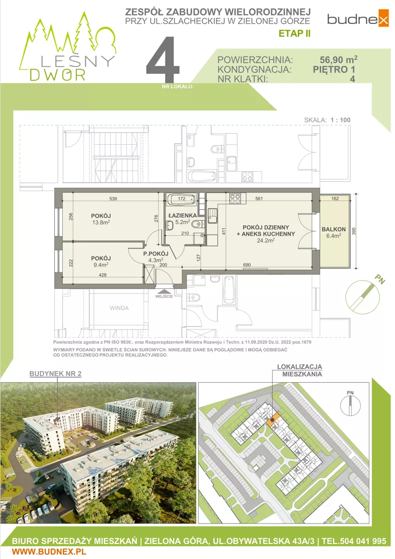 3 pokoje, mieszkanie 56,90 m², piętro 1, oferta nr 4/M4, Leśny Dwór Etap 2, Zielona Góra, Osiedle Leśny Dwór, ul. Szlachecka