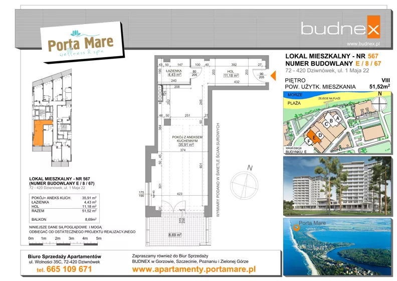 2 pokoje, apartament 51,52 m², piętro 8, oferta nr 567, Porta Mare Wellness & Spa, Dziwnówek, ul. Wolności