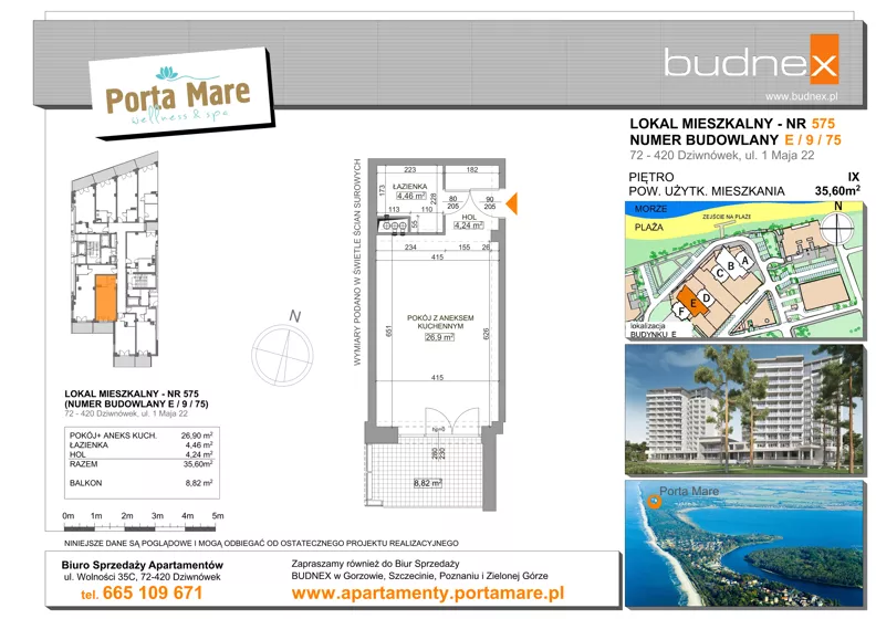 1 pokój, apartament 35,60 m², piętro 9, oferta nr 575, Porta Mare Wellness & Spa, Dziwnówek, ul. Wolności