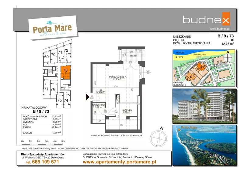 2 pokoje, apartament 42,76 m², piętro 9, oferta nr B/73, Porta Mare Wellness & Spa, Dziwnówek, ul. Wolności
