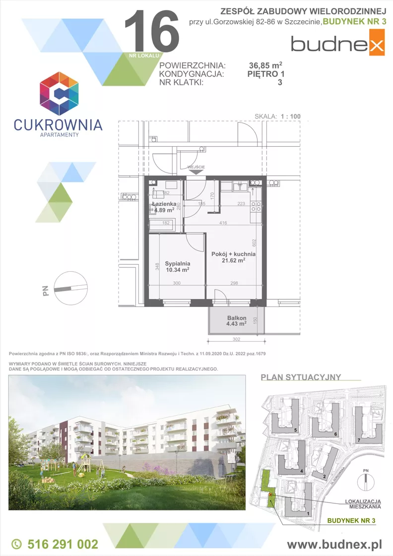 2 pokoje, mieszkanie 36,85 m², piętro 3, oferta nr 3/M16, Cukrownia Apartamenty - Etap IV, Szczecin, Zachód, Gumieńce, ul. Floriana Krygiera