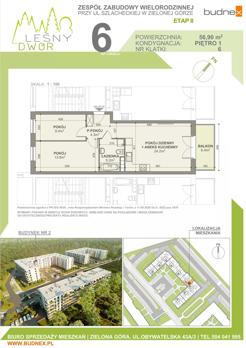 3 pokoje, mieszkanie 56,90 m², piętro 1, oferta nr 6/M6, Leśny Dwór Etap 2, Zielona Góra, Osiedle Leśny Dwór, ul. Szlachecka