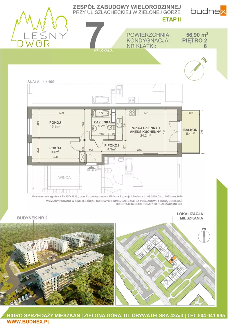 3 pokoje, mieszkanie 56,90 m², piętro 2, oferta nr 6/M7, Leśny Dwór Etap 2, Zielona Góra, Osiedle Leśny Dwór, ul. Szlachecka