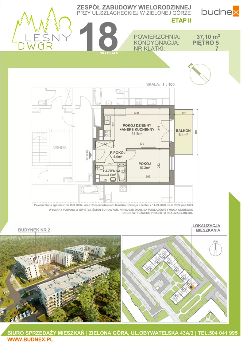 2 pokoje, mieszkanie 37,10 m², piętro 5, oferta nr 7/M18, Leśny Dwór Etap 2, Zielona Góra, Osiedle Leśny Dwór, ul. Szlachecka