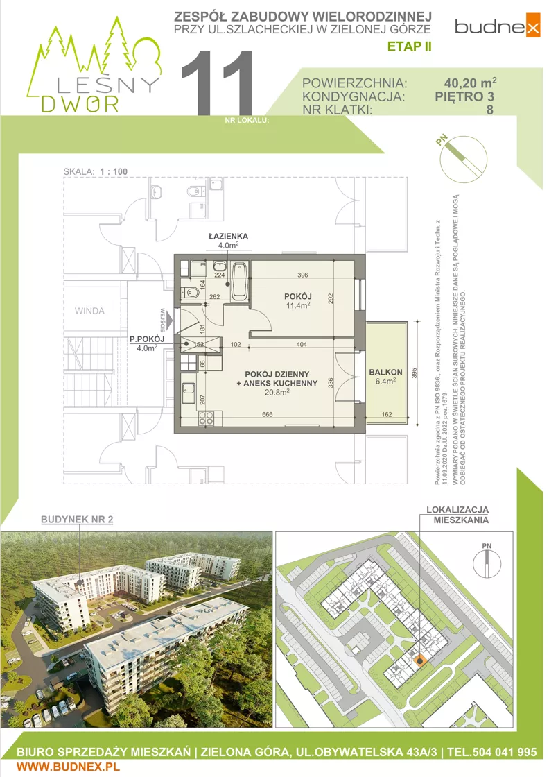 2 pokoje, mieszkanie 40,20 m², piętro 3, oferta nr 8/M11, Leśny Dwór Etap 2, Zielona Góra, Osiedle Leśny Dwór, ul. Szlachecka