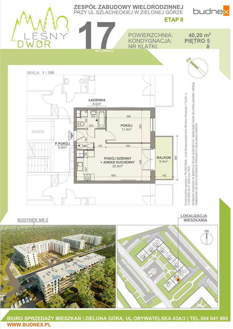 2 pokoje, mieszkanie 40,20 m², piętro 5, oferta nr 8/M17, Leśny Dwór Etap 2, Zielona Góra, Osiedle Leśny Dwór, ul. Szlachecka
