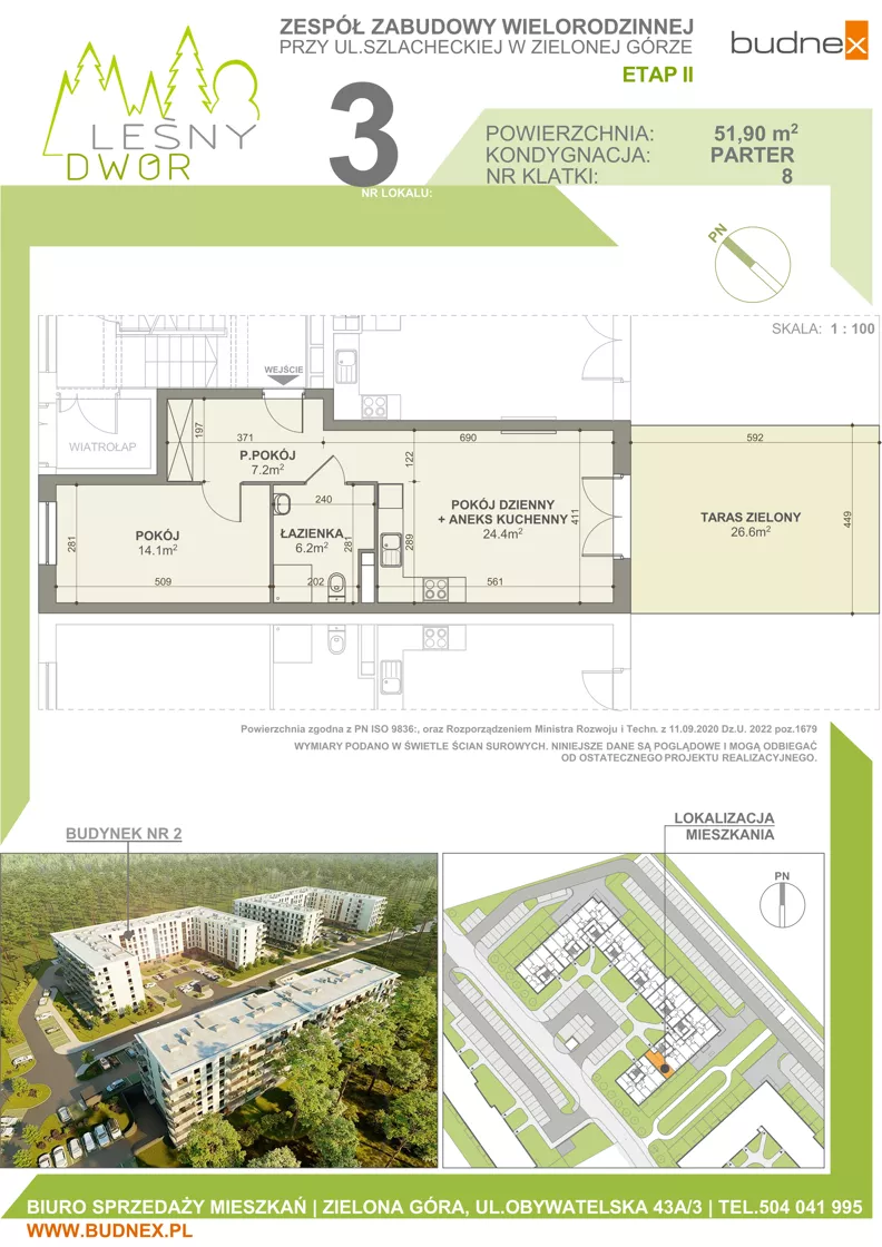2 pokoje, mieszkanie 51,90 m², parter, oferta nr 8/M3, Leśny Dwór Etap 2, Zielona Góra, Osiedle Leśny Dwór, ul. Szlachecka