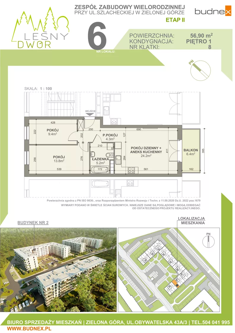 3 pokoje, mieszkanie 56,90 m², piętro 1, oferta nr 8/M6, Leśny Dwór Etap 2, Zielona Góra, Osiedle Leśny Dwór, ul. Szlachecka