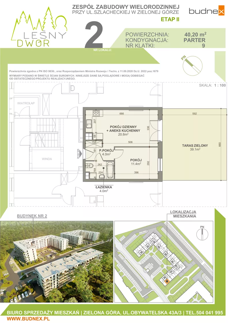 2 pokoje, mieszkanie 40,20 m², parter, oferta nr 9/M2, Leśny Dwór Etap 2, Zielona Góra, Osiedle Leśny Dwór, ul. Szlachecka
