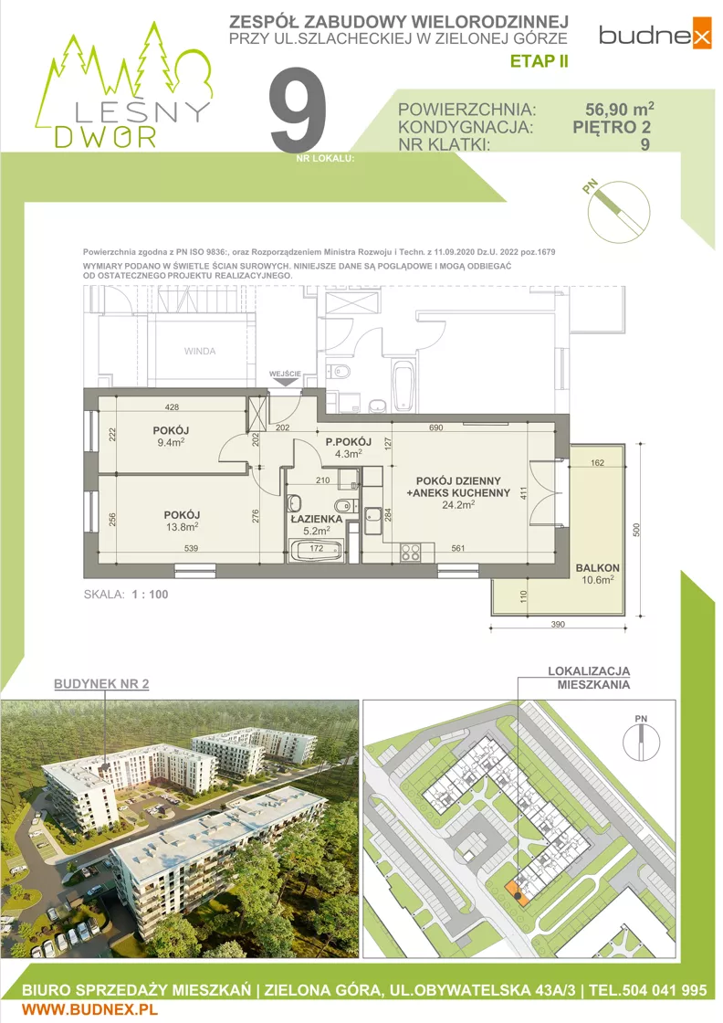 3 pokoje, mieszkanie 56,90 m², piętro 2, oferta nr 9/M9, Leśny Dwór Etap 2, Zielona Góra, Osiedle Leśny Dwór, ul. Szlachecka