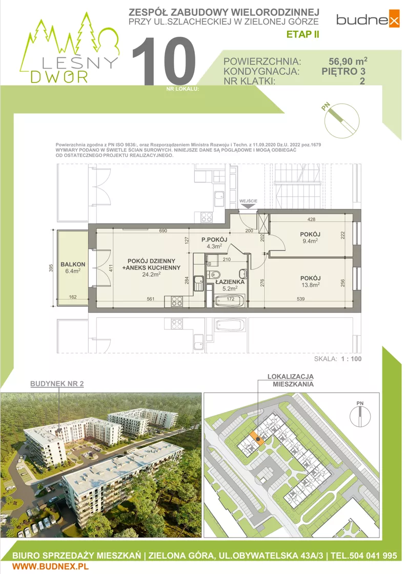 3 pokoje, mieszkanie 56,90 m², piętro 3, oferta nr 2/M10, Leśny Dwór Etap 2, Zielona Góra, Osiedle Leśny Dwór, ul. Szlachecka