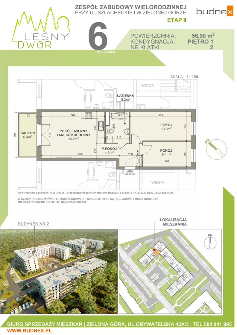 3 pokoje, mieszkanie 56,90 m², piętro 1, oferta nr 2/M6, Leśny Dwór Etap 2, Zielona Góra, Osiedle Leśny Dwór, ul. Szlachecka