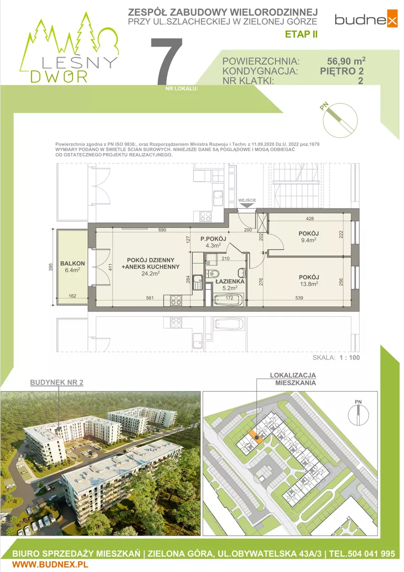 3 pokoje, mieszkanie 56,90 m², piętro 2, oferta nr 2/M7, Leśny Dwór Etap 2, Zielona Góra, Osiedle Leśny Dwór, ul. Szlachecka