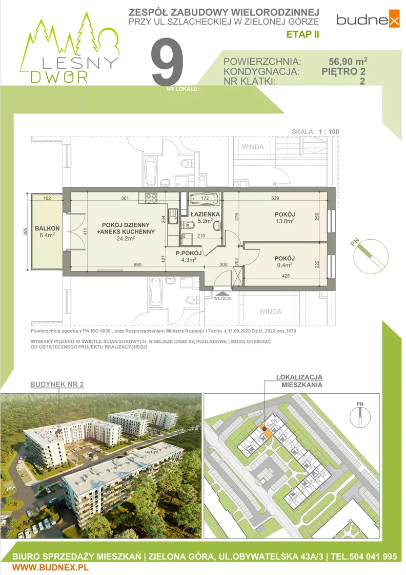3 pokoje, mieszkanie 56,90 m², piętro 2, oferta nr 2/M9, Leśny Dwór Etap 2, Zielona Góra, Osiedle Leśny Dwór, ul. Szlachecka