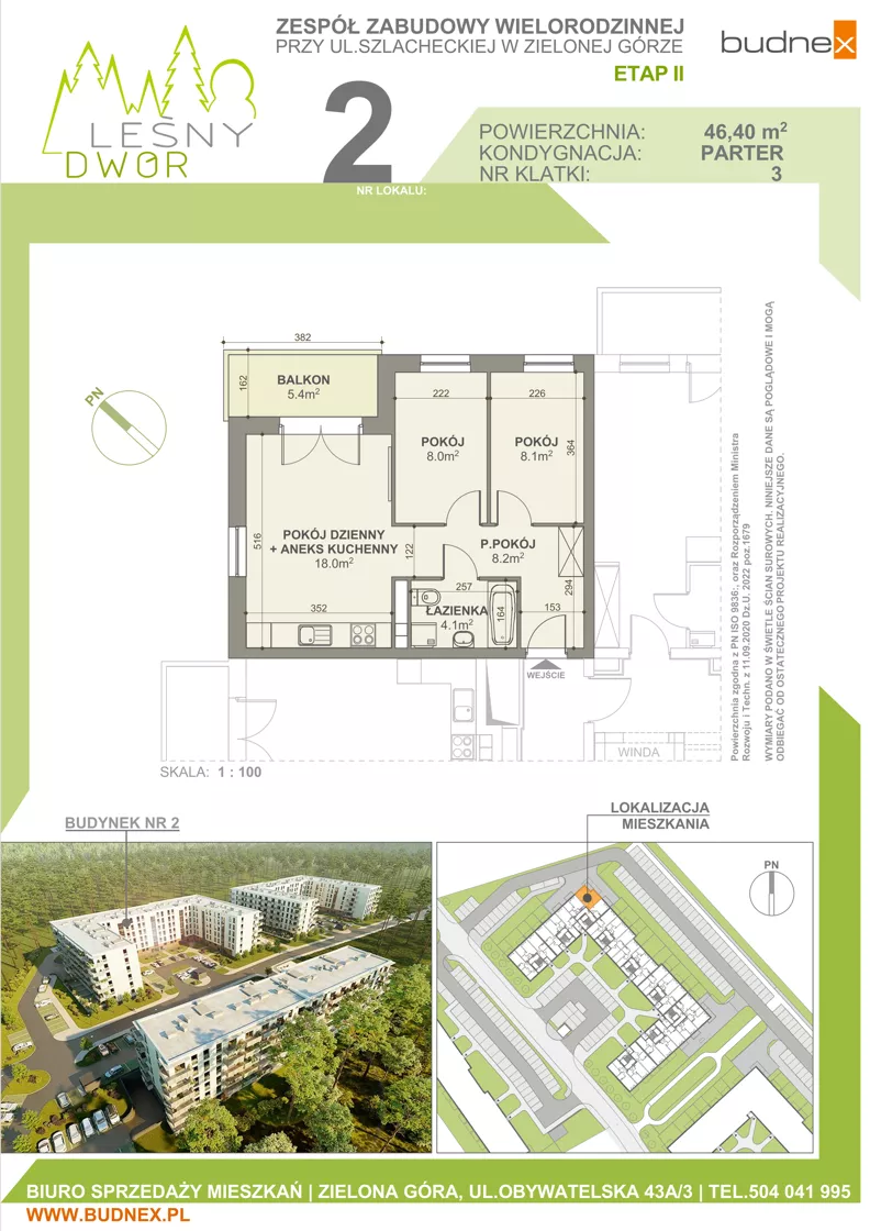 3 pokoje, mieszkanie 46,40 m², parter, oferta nr 3/M2, Leśny Dwór Etap 2, Zielona Góra, Osiedle Leśny Dwór, ul. Szlachecka