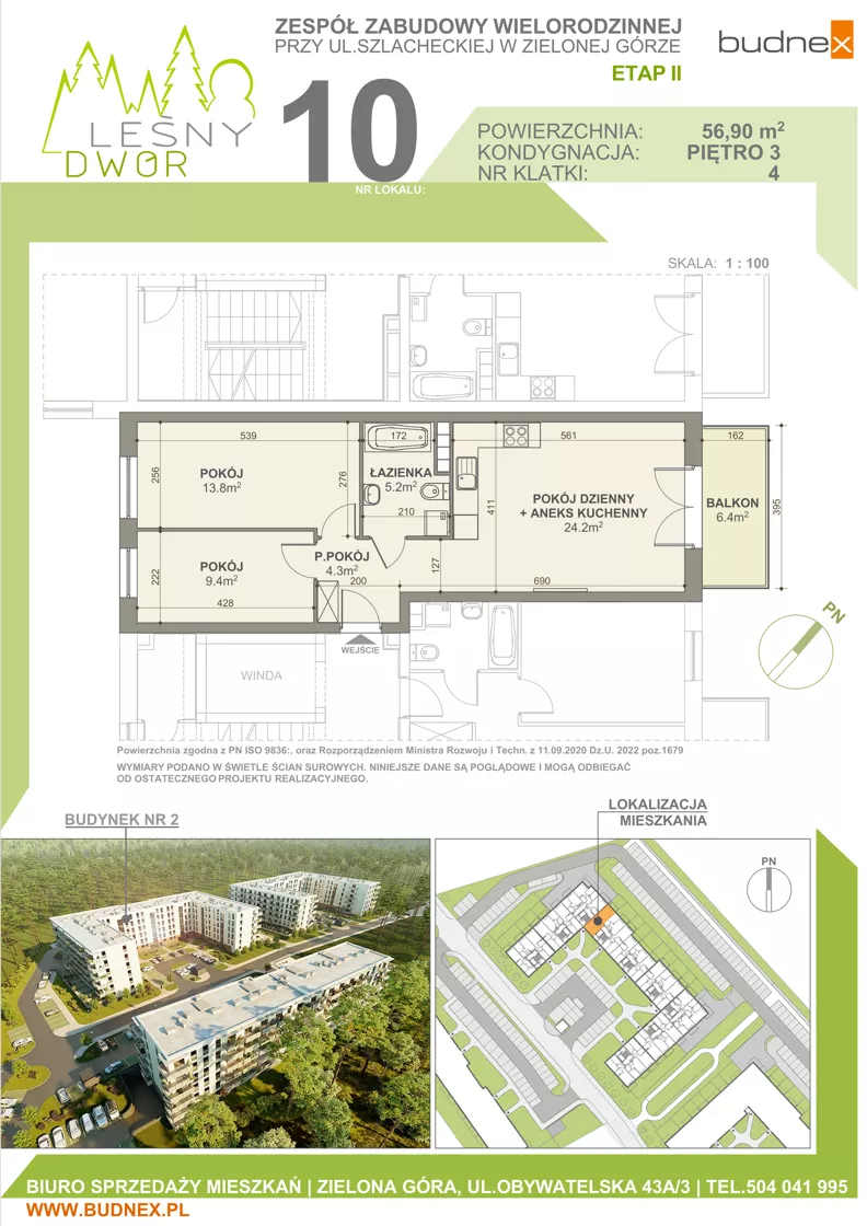 3 pokoje, mieszkanie 56,90 m², piętro 3, oferta nr 4/M10, Leśny Dwór Etap 2, Zielona Góra, Osiedle Leśny Dwór, ul. Szlachecka