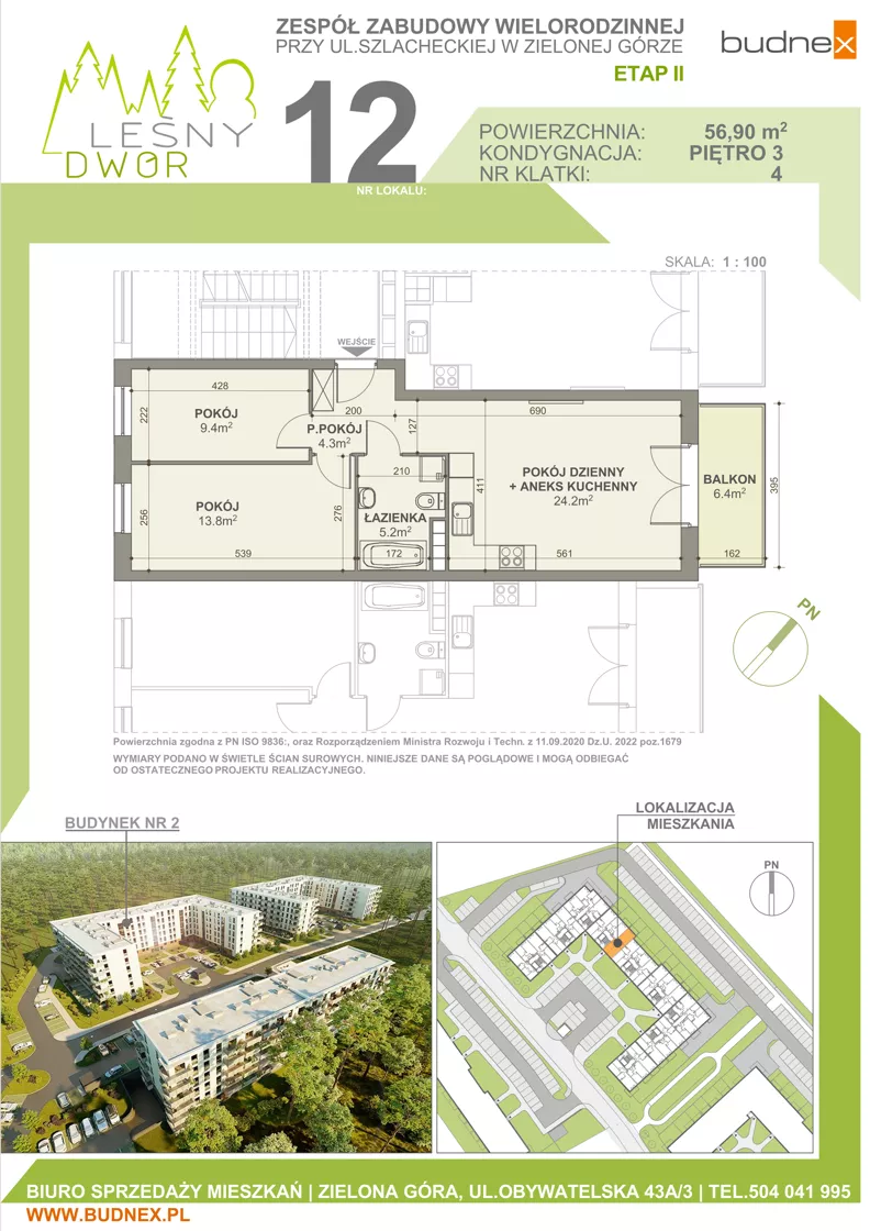3 pokoje, mieszkanie 56,90 m², piętro 3, oferta nr 4/M12, Leśny Dwór Etap 2, Zielona Góra, Osiedle Leśny Dwór, ul. Szlachecka