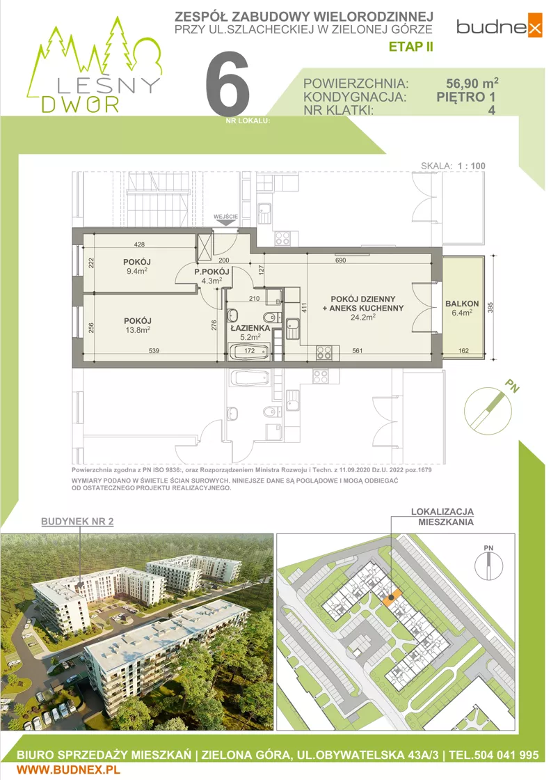 3 pokoje, mieszkanie 56,90 m², piętro 1, oferta nr 4/M6, Leśny Dwór Etap 2, Zielona Góra, Osiedle Leśny Dwór, ul. Szlachecka