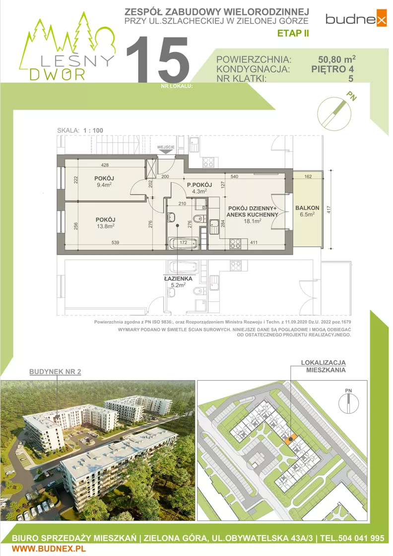3 pokoje, mieszkanie 50,80 m², piętro 4, oferta nr 5/M15, Leśny Dwór Etap 2, Zielona Góra, Osiedle Leśny Dwór, ul. Szlachecka