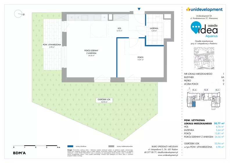2 pokoje, mieszkanie 50,77 m², parter, oferta nr 6A/1, Osiedle Idea - Aquarius, Radom, Wacyn, ul. Listopadowa