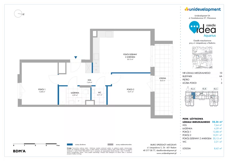 3 pokoje, mieszkanie 58,36 m², piętro 1, oferta nr 6A/10, Osiedle Idea - Aquarius, Radom, Wacyn, ul. Listopadowa