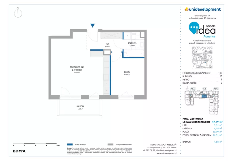 2 pokoje, mieszkanie 47,19 m², piętro 1, oferta nr 6B/100, Osiedle Idea - Aquarius, Radom, Wacyn, ul. Listopadowa