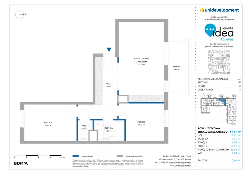 3 pokoje, mieszkanie 68,83 m², piętro 3, oferta nr 6B/107, Osiedle Idea - Aquarius, Radom, Wacyn, ul. Listopadowa