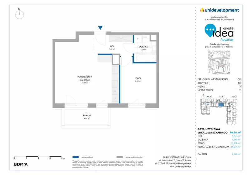 2 pokoje, mieszkanie 46,86 m², piętro 3, oferta nr 6B/108, Osiedle Idea - Aquarius, Radom, Wacyn, ul. Listopadowa