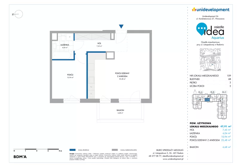2 pokoje, mieszkanie 47,91 m², piętro 3, oferta nr 6B/109, Osiedle Idea - Aquarius, Radom, Wacyn, ul. Listopadowa