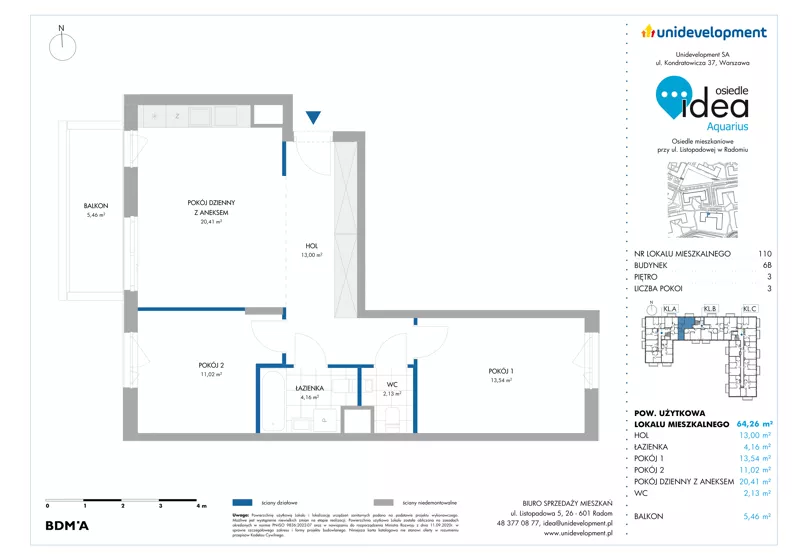3 pokoje, mieszkanie 64,26 m², piętro 3, oferta nr 6B/110, Osiedle Idea - Aquarius, Radom, Wacyn, ul. Listopadowa