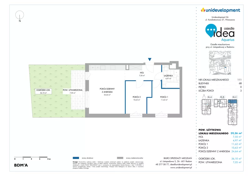 3 pokoje, mieszkanie 59,36 m², parter, oferta nr 6B/111, Osiedle Idea - Aquarius, Radom, Wacyn, ul. Listopadowa