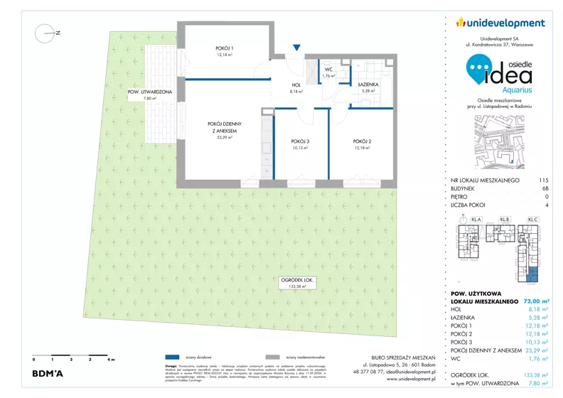 4 pokoje, mieszkanie 73,00 m², parter, oferta nr 6B/115, Osiedle Idea - Aquarius, Radom, Wacyn, ul. Listopadowa