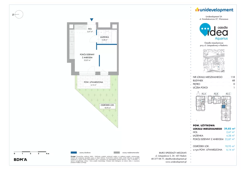 1 pokój, mieszkanie 29,82 m², parter, oferta nr 6B/118, Osiedle Idea - Aquarius, Radom, Wacyn, ul. Listopadowa