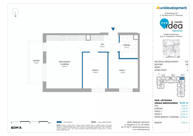 3 pokoje, mieszkanie 55,83 m², piętro 1, oferta nr 6B/120, Osiedle Idea - Aquarius, Radom, Wacyn, ul. Listopadowa
