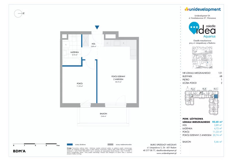 2 pokoje, mieszkanie 40,68 m², piętro 1, oferta nr 6B/121, Osiedle Idea - Aquarius, Radom, Wacyn, ul. Listopadowa
