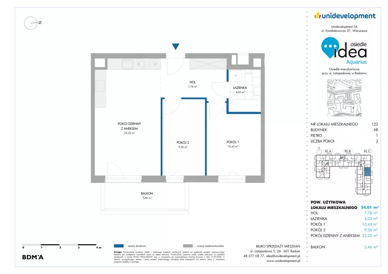 3 pokoje, mieszkanie 54,01 m², piętro 1, oferta nr 6B/122, Osiedle Idea - Aquarius, Radom, Wacyn, ul. Listopadowa