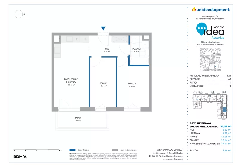 3 pokoje, mieszkanie 51,37 m², piętro 1, oferta nr 6B/123, Osiedle Idea - Aquarius, Radom, Wacyn, ul. Listopadowa