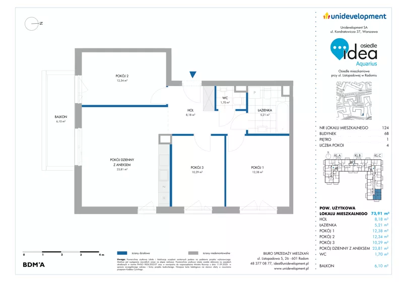 4 pokoje, mieszkanie 73,91 m², piętro 1, oferta nr 6B/124, Osiedle Idea - Aquarius, Radom, Wacyn, ul. Listopadowa